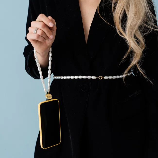 Perla9 Lant telefon / Colier / Curea THE ESSENTIAL accesoriu unisex multifunctional din perle sintetice - placat cu argint