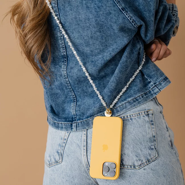 Perla9 Lant telefon / Colier / Curea THE TWIST accesoriu multifunctional din perle sintetice - placat cu aur galben