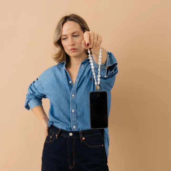 Perla9 Maner telefon / Colier THE MOONLIGHT accesoriu multifunctional din perle sintetice - placat cu argint