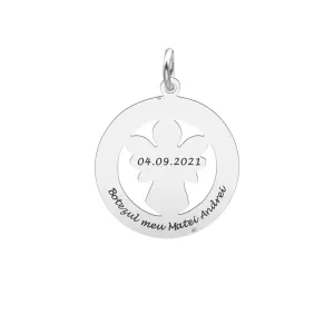 Banut Argint 925 Premium, botez, ingeras mare decupat, personalizat cu text (22 mm)