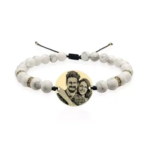 Bratara Aur barbati,discuri cu zirconiu negru, pietre semipretioase howlit si banut, personalizata cu poza (20 mm)