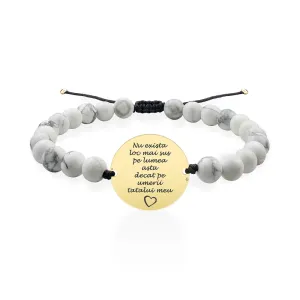 Bratara Aur 14K Premium barbati, pietre semipretioase howlit alb si banut mare, personalizata (20 mm)