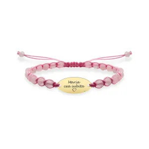 Bratara Aur 14K Premium bebe fetita, pietre semipretioase cuart roz si oval mediu, personalizata (15 mm)