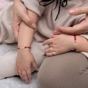 Bratara Aur 14K Premium de copii, snur impletit cu bilute si cruce mica, personalizata (10 mm)