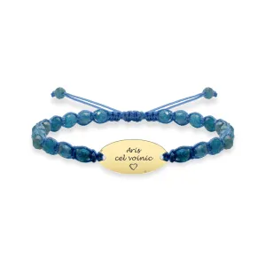 Bratara Aur 14K Premium copil baietel, pietre semipretioase apatit albastru si oval mediu, personalizata (15 mm)
