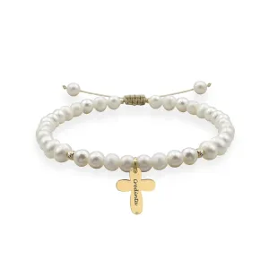 Bratara Aur 14K Premium dama, snur cu bilute, perle si cruce, personalizata (12 mm)