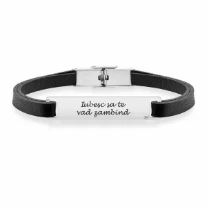 Bratara barbateasca Argint 925 Premium, piele si placuta 35 mm, personalizata (inchizatoare inox clips)