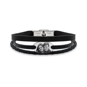 Bratara barbateasca mix piele, oval 22 mm, Argint 925 Premium, personalizata cu poza (inchizatoare inox clips)