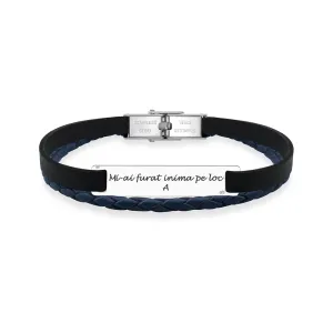 Bratara barbateasca mix piele si placuta 35 mm, Argint 925 Premium, personalizata (inchizatoare inox clips)