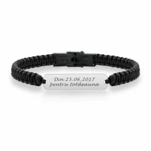 Bratara barbateasca piele impletita manual placuta 33 mm personalizata gravura text Aur 14K Premium (inchizatoare inox negru clips)