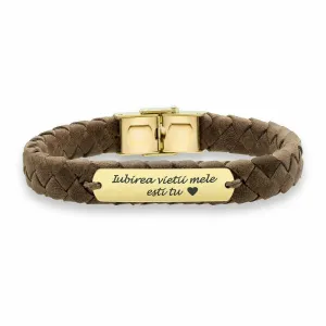 Bratara barbateasca piele lata impletita maro placuta 33 mm personalizata gravura text Aur 14K Premium (inchizatoare inox clips)