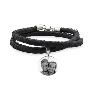 Bratara barbateasca piele tip sarpe si banut mare, Argint 925 Premium, personalizata cu poza (17 mm)