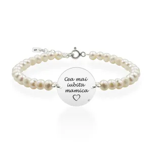 Bratara cu perle naturale si banut mare, Argint 925 Premium , personalizata (17 mm)