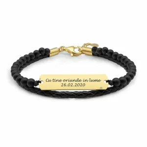 Bratara barbateasca piele & onix placuta 33 mm personalizata gravura text Argint 925 Premium