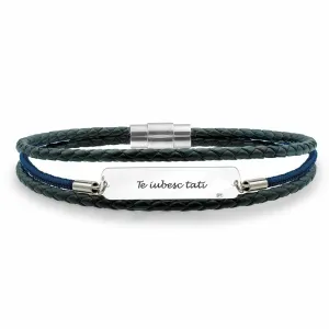 Bratara barbateasca piele & paracord placuta 33 mm personalizata gravura text Argint 925 Premium (piele 3 mm si inchizatoare inox)