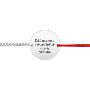 Bratara mix snur si lant Argint 925 Premium, banut mare personalizat gravura text (17 mm)