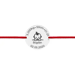 Bratara snur bebe si copil, ceasul bebelusului si banut mare 17 mm, personalizata cu poza, Argint 925 Premium
