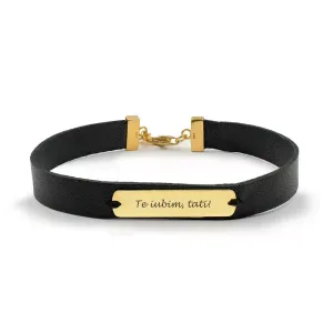 Bratara barbateasca piele lata cusuta placuta 33 mm personalizata gravura text Argint 925 Premium