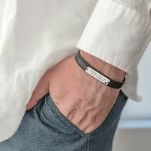 Bratara barbateasca piele lata cusuta placuta 33 mm personalizata gravura text Argint 925 Premium (inchizatoare inox)