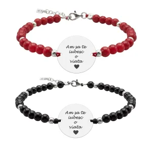 Bratari cuplu Argint 925 Premium, snur reglabil,mix onix, coral rosu bilute si banut, personalizate cu text 17 mm)