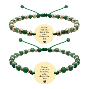 Bratari cuplu Argint 925 Premium, mix pietre semipretioase agat verde smarald, bilute si banut, personalizate cu text (17 mm)