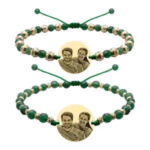 Bratari cuplu Argint 925 Premium, mix pietre semipretioase agat verde smarald, bilute si banut, personalizate cu foto (17 mm)