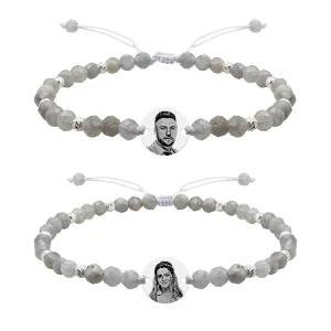Bratari cuplu Argint 925 Premium, mix pietre semipretioase labradorit, bilute si banut, personalizate cu foto (10 mm)