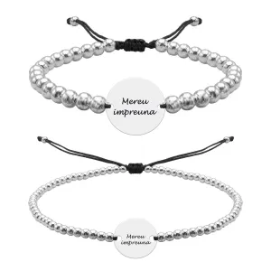 Bratari cuplu Argint 925 Premium,snur reglabil, bilute si banut, personalizate cu text (10 mm si 17 mm)