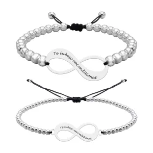 Bratari cuplu Argint 925 Premium, snur reglabil, infinit si bilute, personalizate cu text ( 18 mmsi 30 mm)