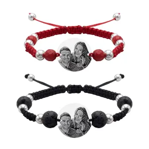 Bratari cuplu Argint 925 Premium, snur reglabil impletit cu mix lava, coral rosu, bilute si banut, personalizate cu poza (17 mm)