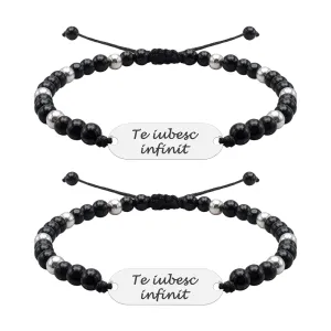 Bratari cuplu Argint 925 Premium, snur reglabil,mix onix, bilute si placuta, personalizate cu text (23 mm)