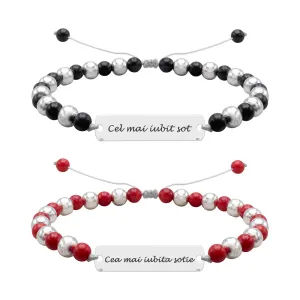 Bratari cuplu Argint 925 Premium, snur reglabil, mix onix, coral rosu, bilute si placuta, personalizate cu text ( 25 mm)