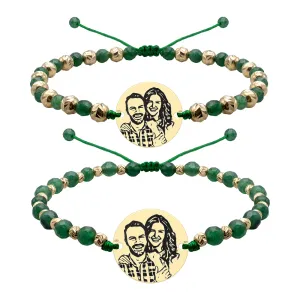 Bratari cuplu Argint 925 Premium, mix pietre semipretioase agat verde smarald, bilute si banut, personalizate 4life cu foto (17 mm)