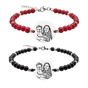 Bratari cuplu Argint 925 Premium, snur reglabil,mix onix, coral rosu bilute si banut, personalizate cu gravura foto 4life ( 17 mm)