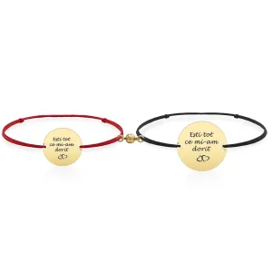 Bratari cuplu magnetice Argint 925 Premium, snur reglabil si banut, personalizate cu text (17mm si 22mm)
