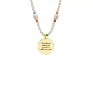 Colier cu perle, discuri colorate si banut Argint, personalizat (14.5 mm)