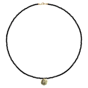 Colier cu pietre negre Spinel, bilute, cruce si banur Aur, personalizat cu poza (10 & 12 mm)