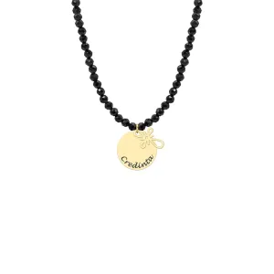 Colier cu pietre negre Spinel, cruce (10 mm) si banut Argint, personalizat cu text (14 mm)