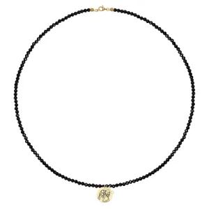 Colier cu pietre negre Spinel, gravat laser 4life cu poza, cruce si banut Aur (10 & 12 mm)