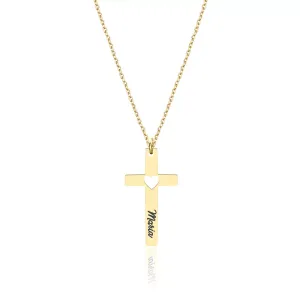 Lantisor Argint 925 Premium dama - cruce cu inima decupata si personalizata cu text (27 mm)
