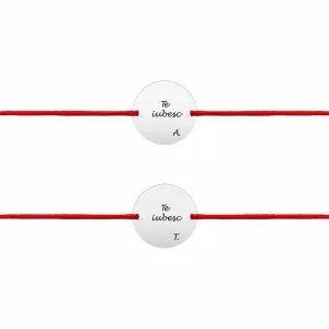 Bratari cuplu Argint 925 Premium, banuti personalizati cu text si snur reglabil (10 mm)
