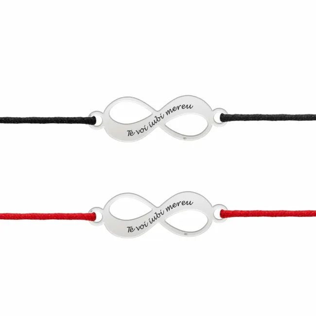 Bratari cuplu Argint 925 Premium, infiniti personalizati cu text si snur reglabil (18 mm)