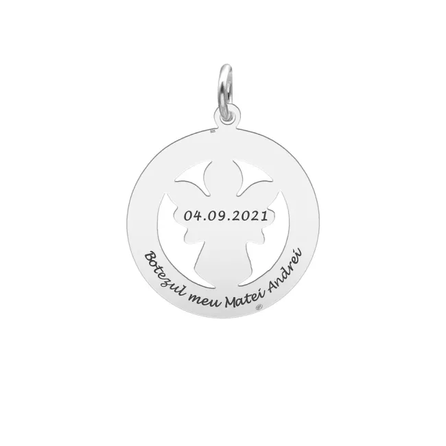 Banut Argint 925 Premium, botez, ingeras mare decupat, personalizat cu text (22 mm)