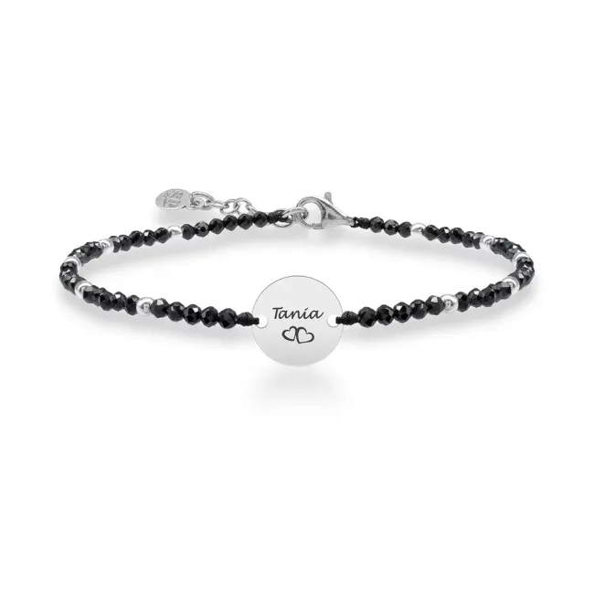 Bratara argint 925 bilute si pietre naturale Spinel negru, banut personalizat gravura text (10 mm)