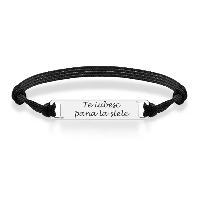 Bratara Argint barbati, snur gros si placuta, personalizata text predefinit (35 mm)