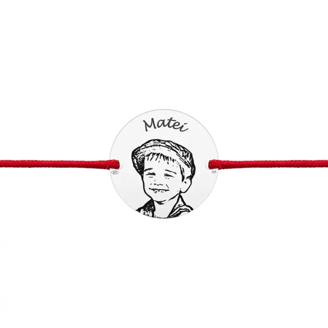 Bratara Argint dama, gravata laser 4life cu poza si nume, snur si banut (17 mm)