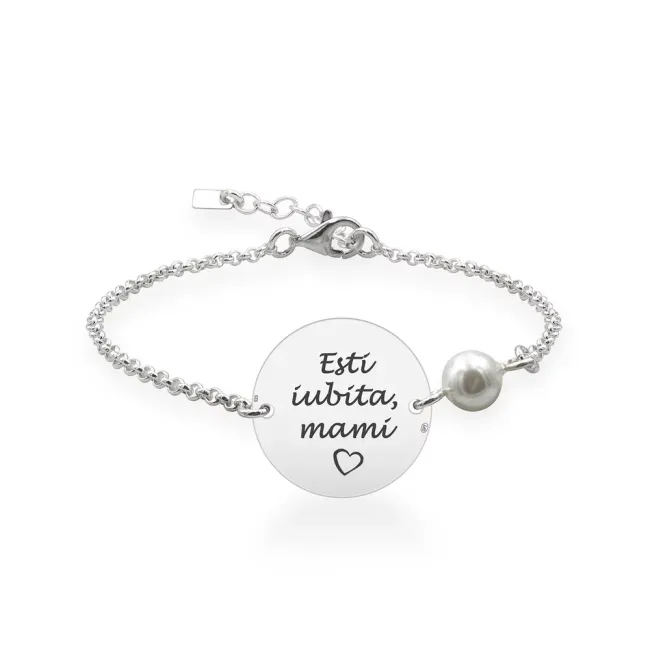 Bratara Argint 925 Premium dama, lant cu perla si banut mare, personalizata (17 mm)