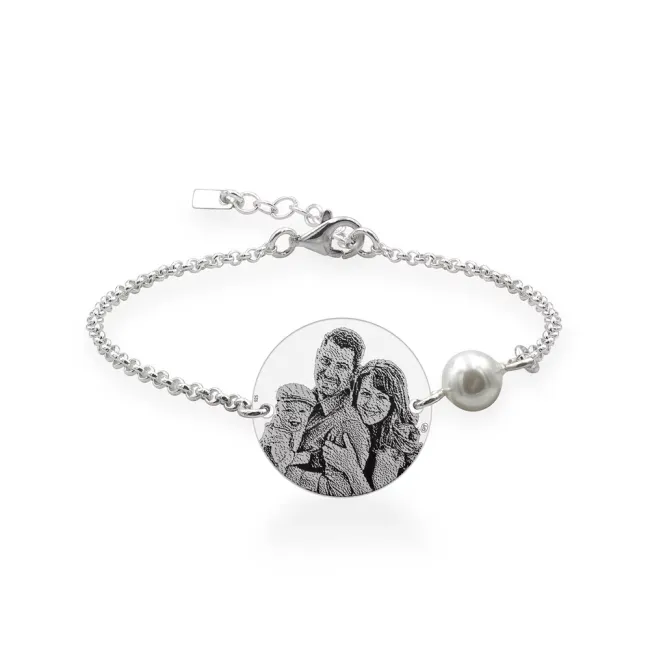 Bratara Argint 925 Premium dama, lant cu perla si banut mare, personalizata cu poza (17 mm)