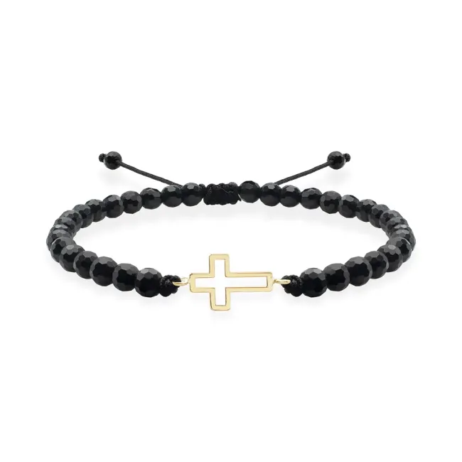 Bratara Aur 14K Premium barbati, reglabila - onix fatetat si cruce (12 mm)