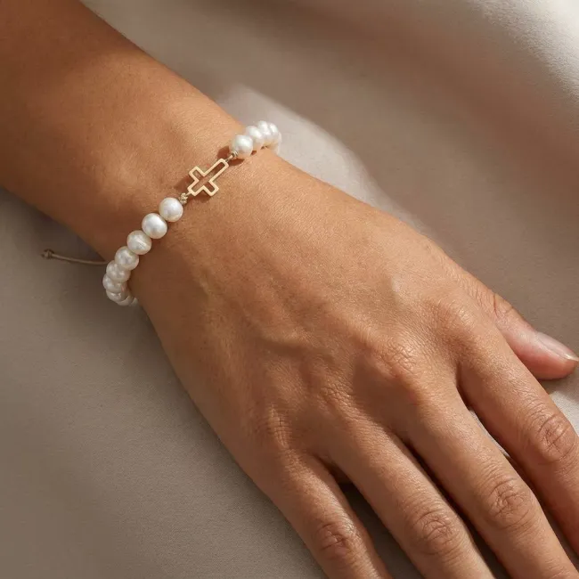 Bratara Aur 14K Premium dama, reglabila - perle de cultura si cruce (12 mm)